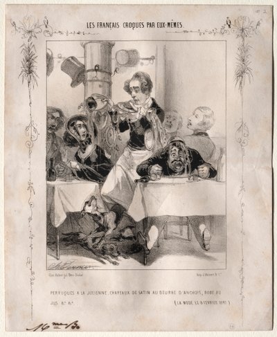 Les Français croqués par eux-mêmes: Perruques à la Julienne, Chapeaux de satin, 1840 da Charles Vernier