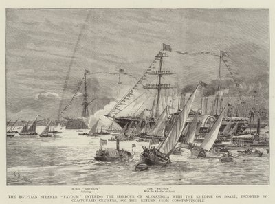 Il Vapore Egiziano Fayoum entra nel Porto di Alessandria con a bordo il Chedivè, scortato da Incrociatori della Guardia Costiera, al Ritorno da Costantinopoli da Charles William Wyllie