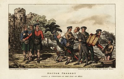 Turista inglese in kilt tartan che incontra un capo clan fuori da un castello medievale sull