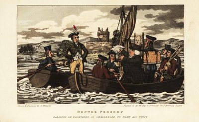 Turisti inglesi e scozzese in giacca di tartan che navigano sul Loch Leven nelle Highlands scozzesi da Charles Williams