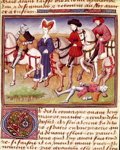 La regina Iseut a cavallo accompagnata da cavalieri, miniatura tratta da 