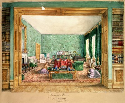 Il salotto a Meesdenbury, f13 da Un Album di Interni, 1843 da Charlotte Bosanquet