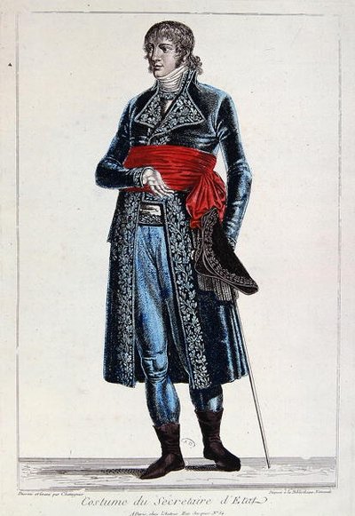 Costume di un Segretario di Stato durante il periodo del Consolato (1799-1804) della Prima Repubblica in Francia, c.1800 da Chataignier Chataignier