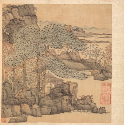 Dipinti dopo i maestri antichi: Studioso che legge in una capanna di paglia vicino a una cascata, 1598-1652 da Chen Hongshou