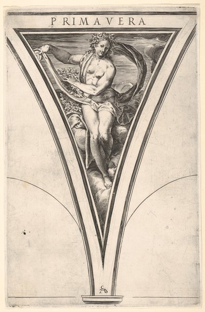 Primavera rappresentata come una donna che porta un drappo ondeggiante e ghirlande da Cherubino Alberti