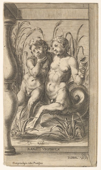 Due tritoni che si abbracciano, uno suona un flauto di Pan, il secondo tiene una conchiglia, 1579 da Cherubino Alberti