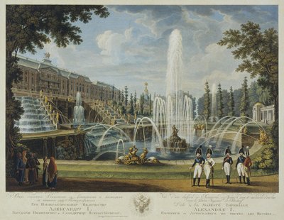 Vista della Grande Cascata, Fontana di Sansone e Grande Palazzo a Peterhof da Chessky
