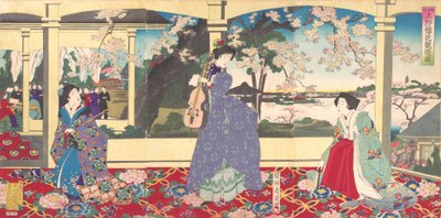 Una Festa da Ballo: Godendo la Vista dei Fiori di Ciliegio a Ueno Tobukai, marzo 1887 da Chikanobu Yoshu