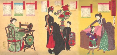Dame di corte che cuciono abiti occidentali, 23 agosto 1887 da Chikanobu Yoshu