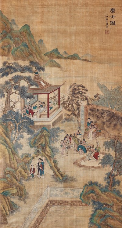 Studiosi che studiano in un giardino, rotolo appeso da Chinese Master