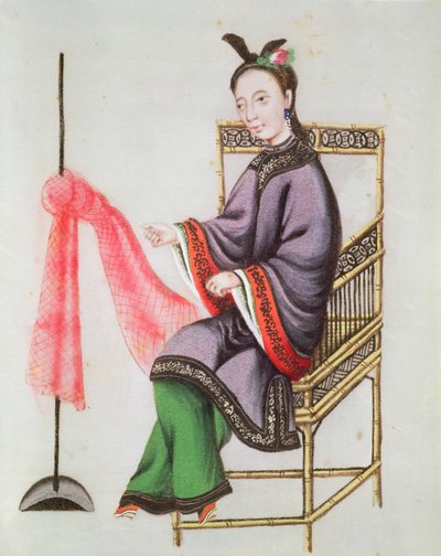 Una donna cinese che fa una rete da pesca, Periodo Qianlong (1736-96) da Chinese School