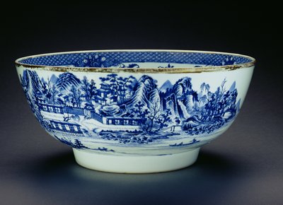 Ciotola blu e bianca decorata con una scena che mostra la fabbricazione della porcellana (porcellana) da Chinese School