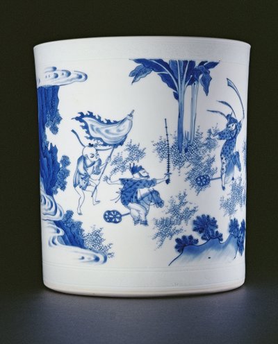 Portapennelli blu e bianco dipinto con una signora e ragazzi che giocano a cavalluccio, Chongzheng, 1630-44 (porcellana) da Chinese School