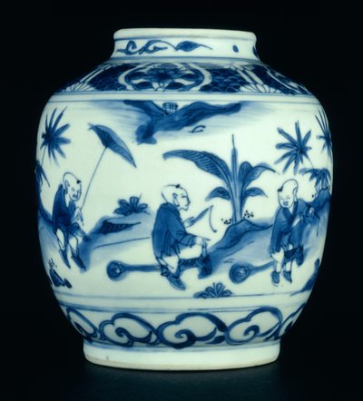 Vaso blu e bianco dipinto con ragazzi che giocano a cavalluccio, Wanli o Chongzheng, 1600-30 (porcellana) da Chinese School