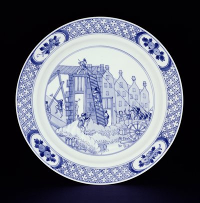 Piatto blu e bianco raffigurante i disordini di Rotterdam (porcellana) da Chinese School