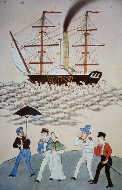 Dipinto cinese della prima nave a vapore britannica e passeggeri a Canton c.1840 da Chinese School