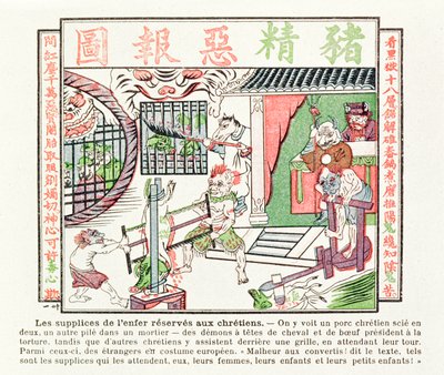 Maiale cristiano segato a metà, mentre un secondo viene schiacciato in un mortaio, punizioni per i convertiti al cristianesimo, 1891 da Chinese School