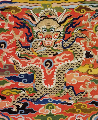 Dettaglio di un tessuto raffigurante un drago a cinque artigli, periodo Wanli, 1573-1619 (seta) da Chinese School