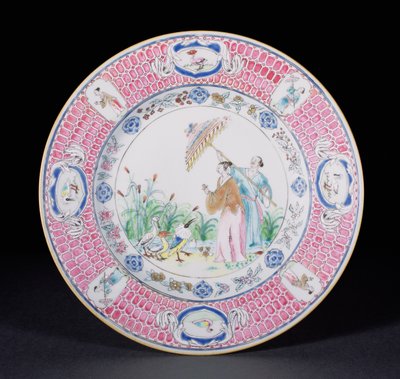 Piatto da cena dipinto in Famille Rose raffigurante La Dame au Parason, dopo un disegno di Cornelis Pronk, periodo Qianlong c.1734 da Chinese School