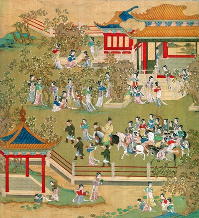 Imperatore Yang Ti (581-618) che passeggia nei suoi giardini con le sue mogli, da una storia degli imperatori cinesi da Chinese School