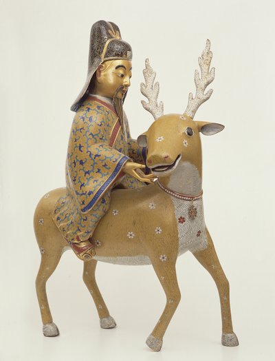 Figura di un immortale che cavalca un cervo (smalto cloisonné) da Chinese School