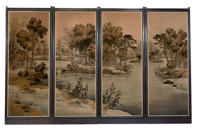 Schermo a quattro ante con pannelli di velluto, tessuto con un paesaggio fluviale in toni di grisaglia da Chinese School