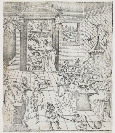 Lazzaro alla casa del ricco, tavola da Tianzhu jiangsheng zhuxiang jingjie di Giulio Aleni (Una storia illustrata del Signore del Cielo che si è incarnato nella carne), Chiesa di Jinjiang, Fu da Chinese School