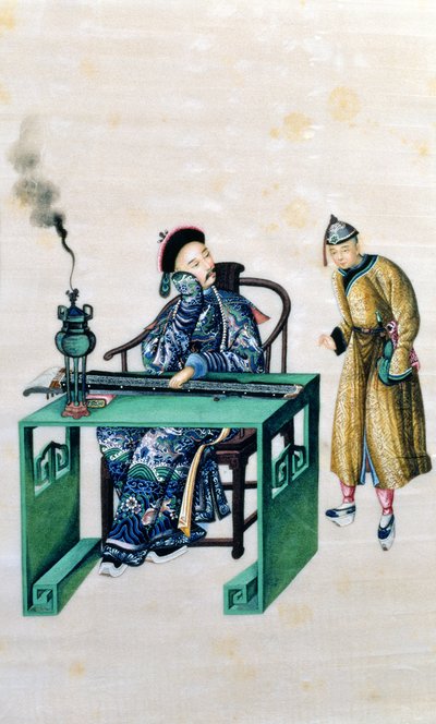 Uomo con una lunga cetra a un tavolo, con un servitore da Chinese School