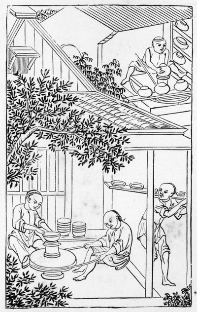Modellazione e posizionamento sul tornio del vasaio, da una serie di illustrazioni sulla fabbricazione della porcellana da Chinese School