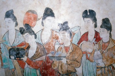 Offerta di doni, pittura murale dalla tomba di Wu Tse Tien, tombe di Chien, Dinastia Tang, Cina, Shan Xi, VIII secolo da Chinese School