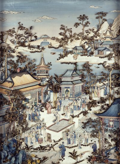 Pannello che raffigura un dignitario con attendenti che guardano una danzatrice, periodo Qianlong, 1736-95 da Chinese School