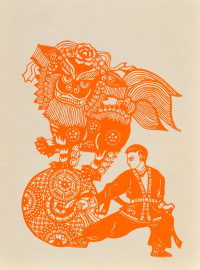 Ritaglio di carta che mostra una Danza del Leone da Chinese School