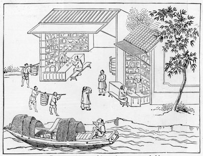 Negozi di porcellana e barche per il trasporto della porcellana, da una serie di illustrazioni sulla fabbricazione della porcellana da Chinese School