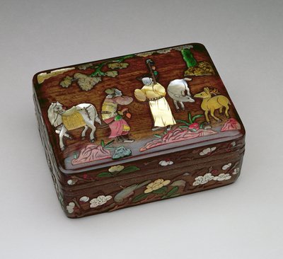 Scatola rettangolare tzu-tan, raffigurante un messaggero imperiale venuto a ottenere il rilascio di Su Wu, realizzata dal laboratorio della famiglia Chou, metà-tardo dinastia Ming 1368-1644 da Chinese School