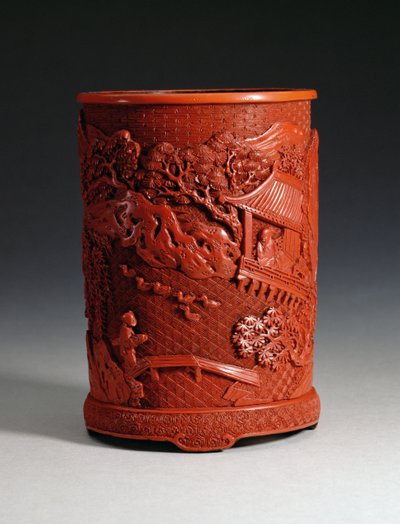 Portapennelli rosso modellato, raffigurante il famoso calligrafo Wang Hsi-chih (c.307-365 d.C.) seduto nel suo rifugio nel padiglione, guardando le oche in uno stagno e un ragazzo che attraversa un ponte, dinastia Ching, periodo Qianlong da Chinese School