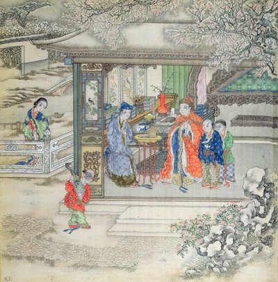 Scena in un giardino con una famiglia che riceve visitatori da Chinese School
