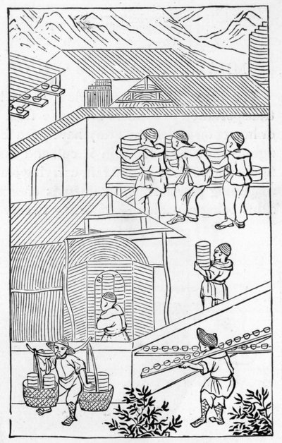 Scena di attività in una fabbrica di porcellana, da una serie di illustrazioni sulla fabbricazione della porcellana da Chinese School