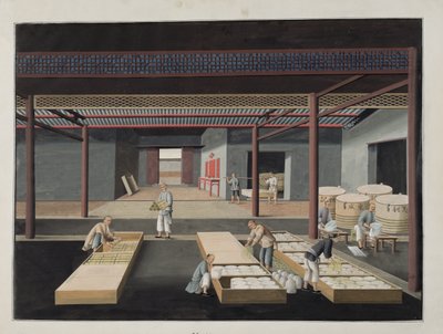 Imballaggio e confezionamento di ciotole e piatti, tavola 12 di una serie di dodici che descrivono il processo di fabbricazione della porcellana cinese, XIX secolo da Chinese School