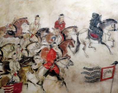 Tomba del Principe Zhanghuai, scena di caccia con cavalli, Xian, periodo Han, 706 (murale) da Chinese School