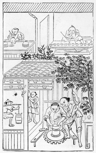 Tornitura delle bacinelle, da una serie di illustrazioni sulla fabbricazione della porcellana da Chinese School