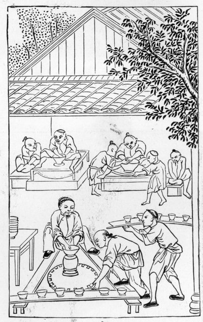 Tornitura delle tazze, da una serie di illustrazioni sulla fabbricazione della porcellana da Chinese School