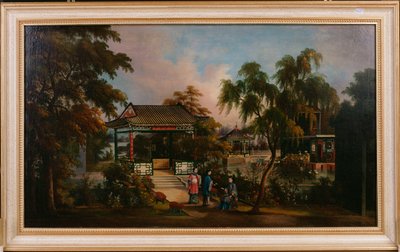 Veduta del Giardino di Howqua a Canton con signore presso un padiglione da Chinese School