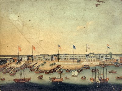 Veduta degli Hongs a Canton con le fabbriche danesi, austriache, americane, svedesi, britanniche e olandesi da Chinese School