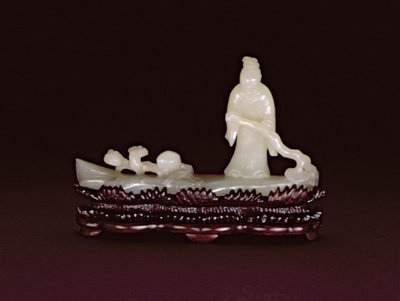 Zhang Qian su una zattera di tronchi che guida con un ramo di lingzhi accanto a un ramo di lingzhi e una pesca da Chinese School