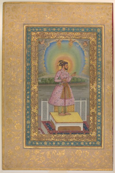Shah Jahan su una terrazza, con un pendente con il suo ritratto, foglio dall