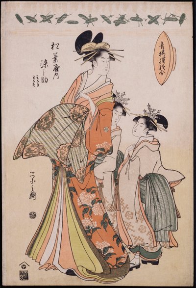 Ritratto a figura intera della cortigiana Somenosuke accompagnata da due Kamuro da Chobunsai Eishi