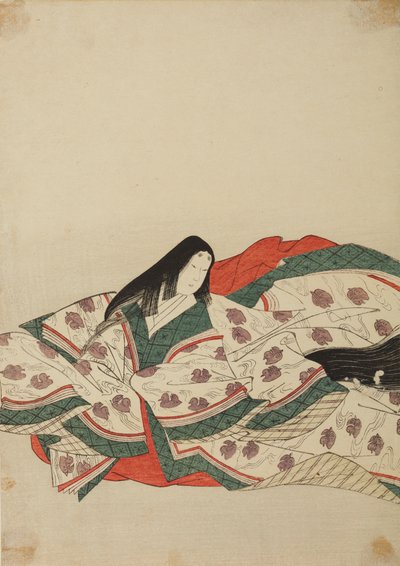 Dama di corte in kimono bianco con motivo di anatroccoli sull