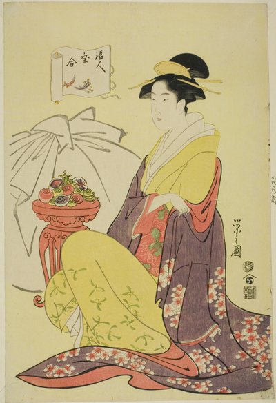 Hotei, dalla serie "Confronto dei Tesori degli Dei della Buona Fortuna (Fukujin takara awase)" da Chobunsai Eishi