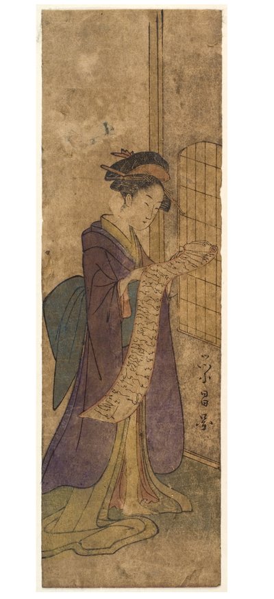 Donna che legge una lunga lettera a rotolo da Chobunsai Eishi