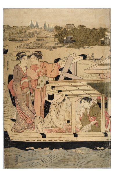 Parte di un pentaptych orizzontale della scena del fiume Sumida da Chobunsai Eishi